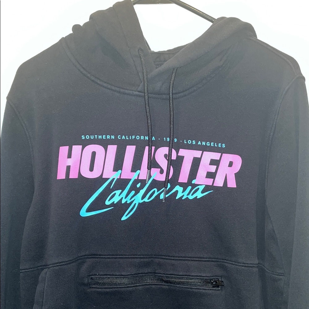 Hollister Black Hoodie with Pink and Blue Text